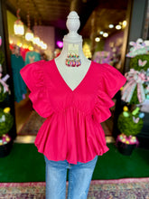 Load image into Gallery viewer, Magenta V-neck Ruffle Sleeve Blouse
