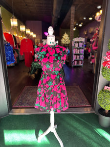 Black & Pink Floral Print Ruffled shoulder Dress