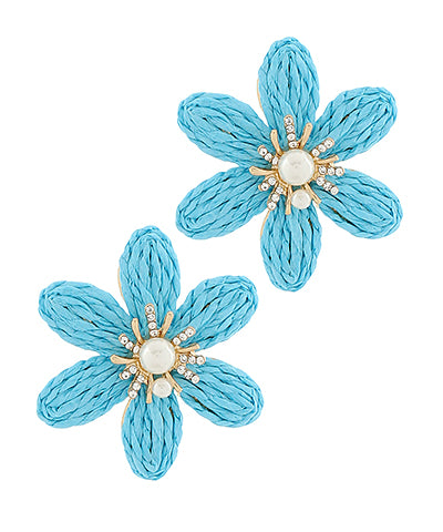 Light Blue Raffia Flower Earrings