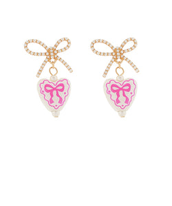 Rhinestone & Painted Ceramic Bow Heart Earrings