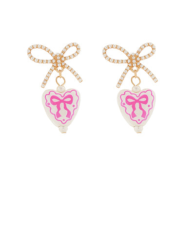 Rhinestone & Painted Ceramic Bow Heart Earrings