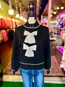 Black Double Ribbon Mock Neck Sweater