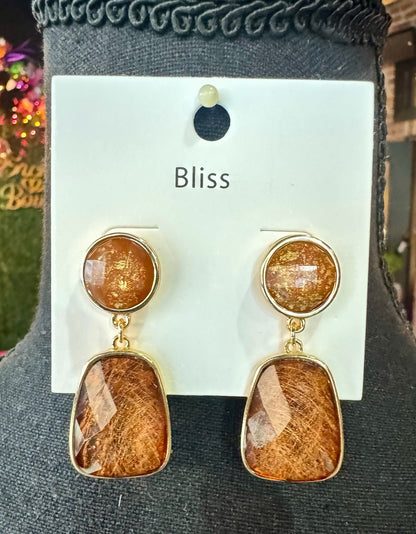 Glitter Faceted Brown & Gold Stone Drop Earrings