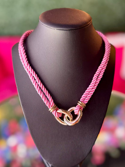 Pink Silk Rope & Gold Chain Necklace
