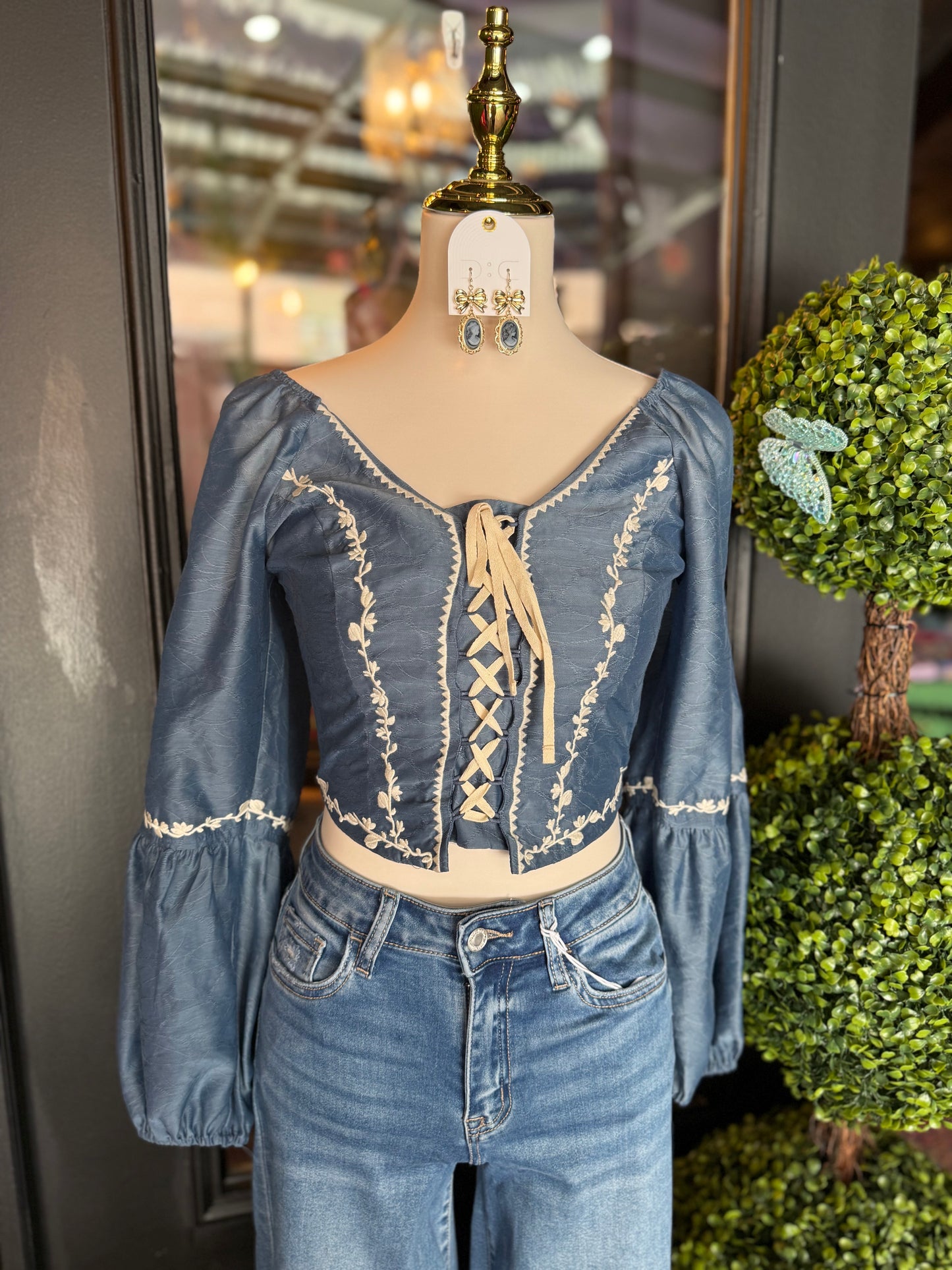 Denim Blue Lace-Up Embroidered Puff Sleeve Top