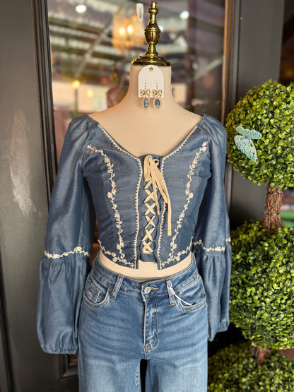 Denim Blue Lace-Up Embroidered Puff Sleeve Top