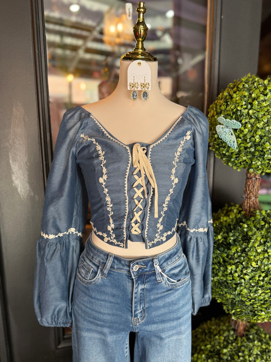 Denim Blue Lace-Up Embroidered Puff Sleeve Top
