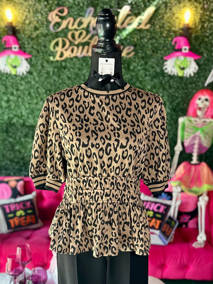 Puff Sleeve Leopard Print Peplum Top