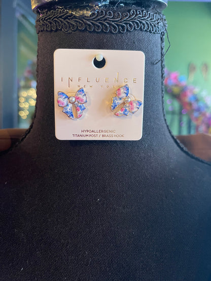 Pink & Blue Floral Bow Studs