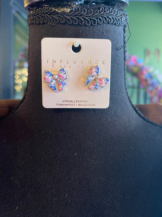 Pink & Blue Floral Bow Studs
