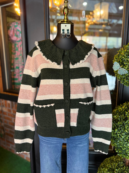 Collared Striped Knit Cardigan
