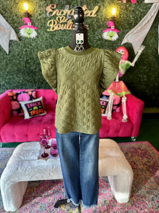 Olive Quilted Ruffle Sleeve Top