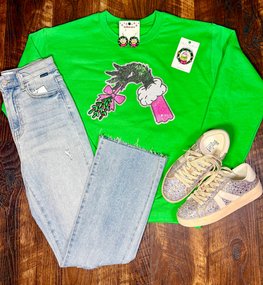 Sequin Grinch Hand & Holly Sweatshirt