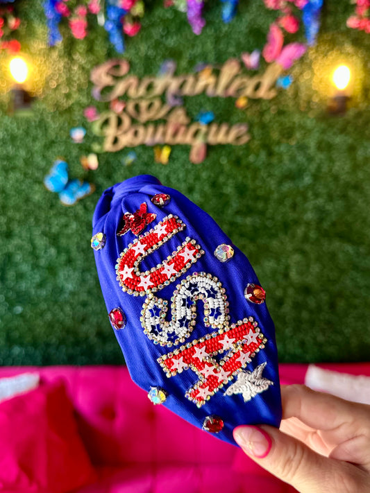 Royal Blue Patriotic USA Beaded Headband