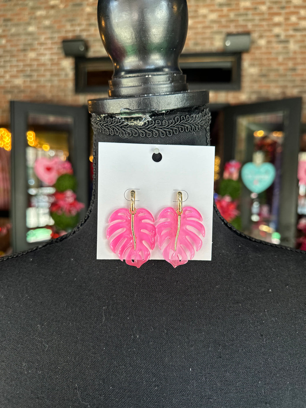 Pink Monstera Leaf Earrings