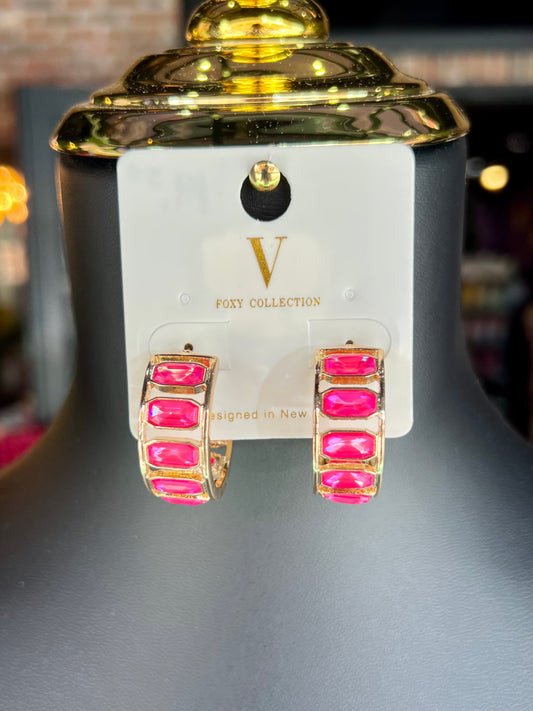 Neon Pink Jeweled Hoops