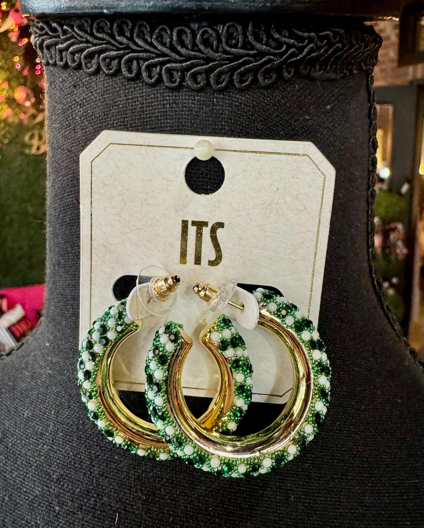 Green / White Rhinestone & Pearl Hoops