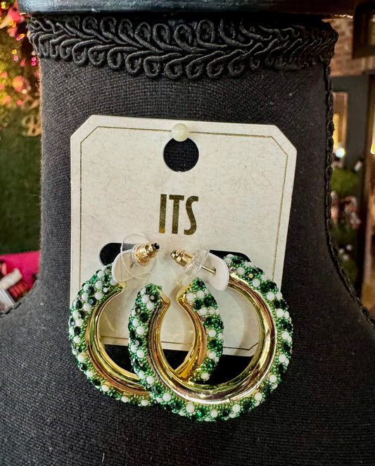 Green / White Rhinestone & Pearl Hoops