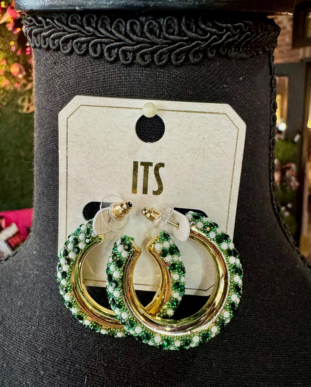 Green / White Rhinestone & Pearl Hoops