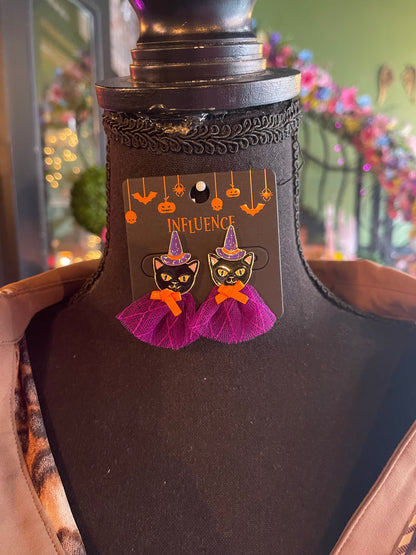 Black Cat Witch & Lace Cape Earrings
