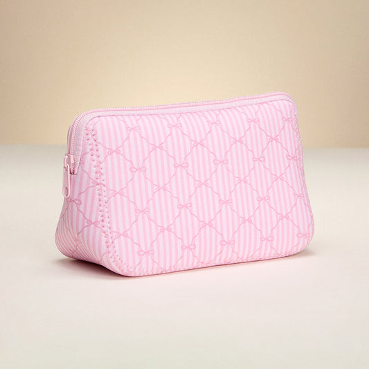 Pink Striped Bow Pattern Cosmetic Pouch