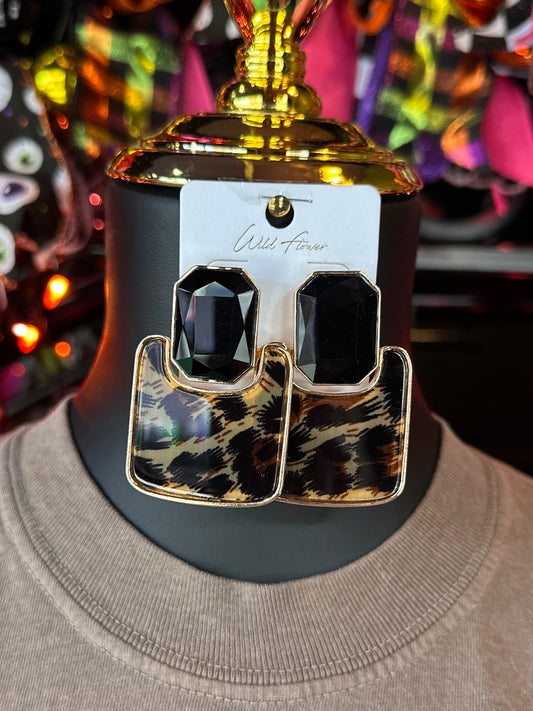 Stone & Leopard Plate Drop Earrings