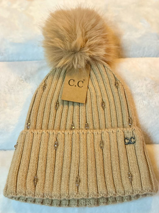 CC Camel Glass Bead Cuff Faux Fur Pom Beanie