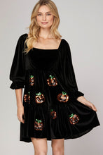 Load image into Gallery viewer, Black Velvet Sequin Jack O’ Lantern Dress
