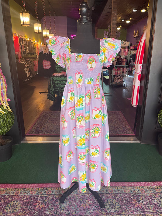 Lemon Print Poplin Midi Dress