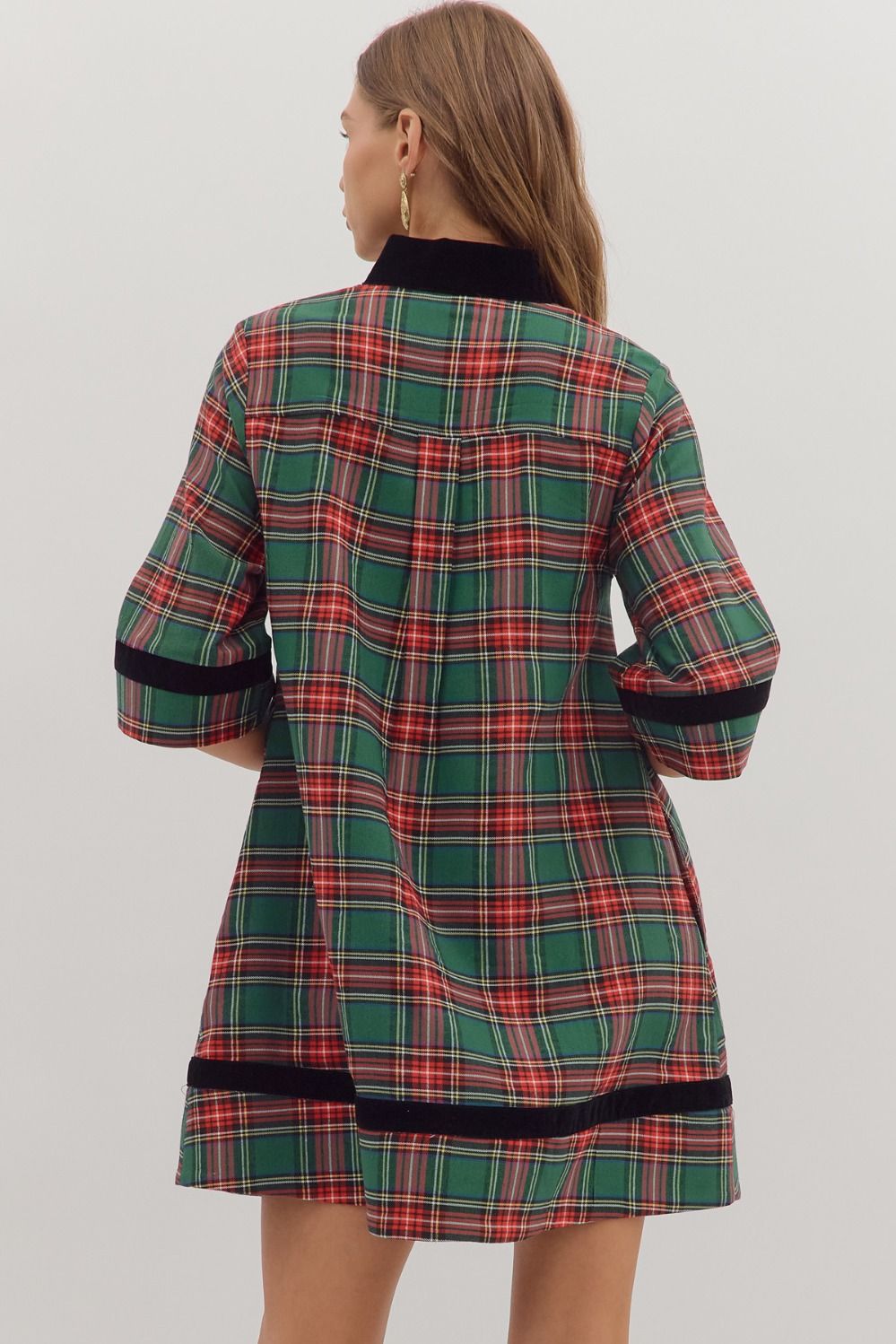 Green Plaid Velvet Contrast Mini Dress