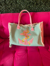 Load image into Gallery viewer, Teal &amp; Pink Anchor Embroidered Beach Bag
