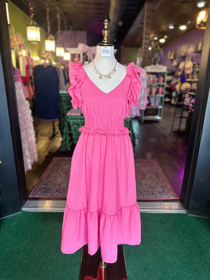 Hot Pink Ruffle Shoulder Maxi Dress
