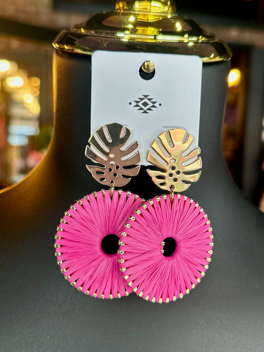 Fuchsia Raffia Wrapped Circle Earrings