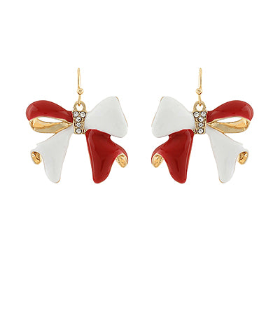 Red & White Rhinestone Bow Earrings