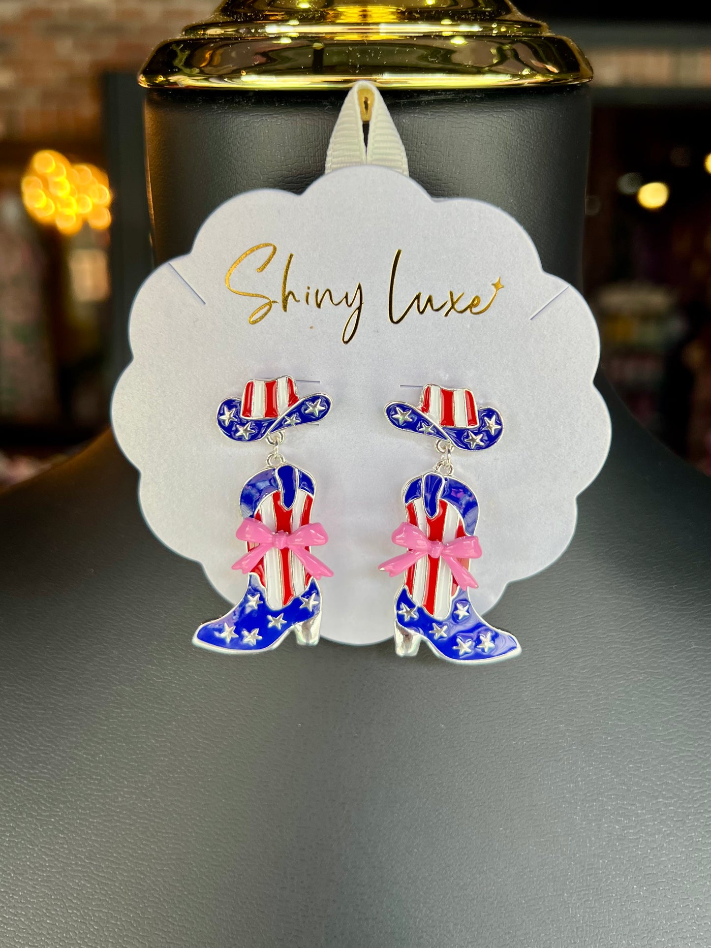 Patriotic Cowgirl Hat & Boots Drop Earrings