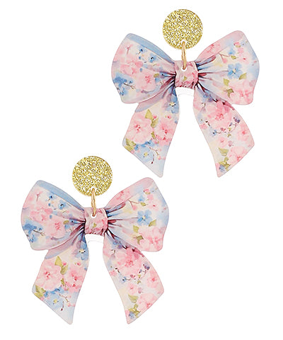 Pink & Blue Flower Printed Bow Earrings