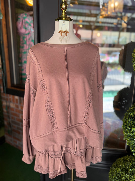 Brown Lace Trim Top & Skort Set