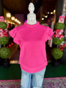 Hot Pink Textured & Pearl Embellished Top