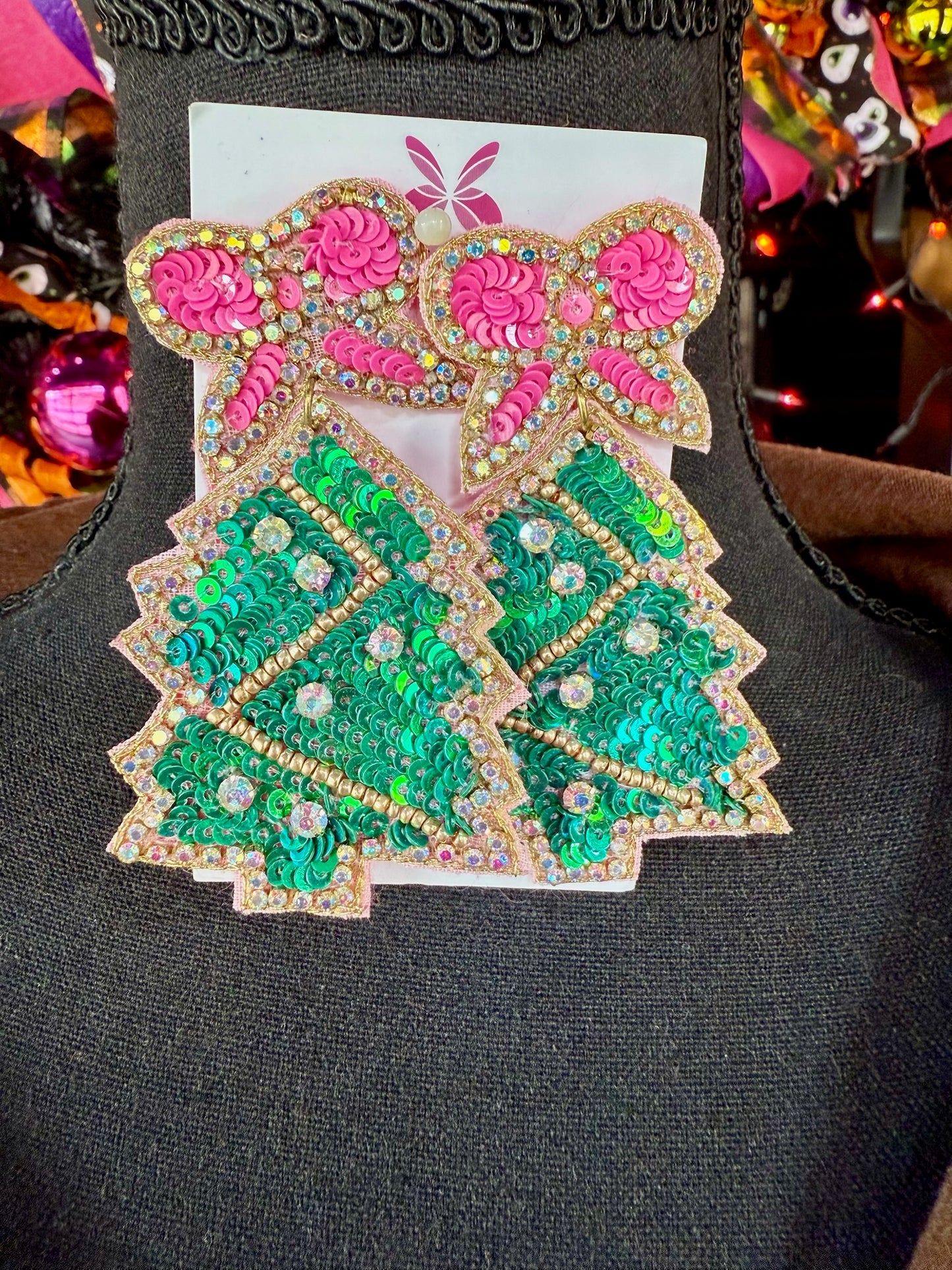 Rhinestone & Sequin Christmas Tree Earrings