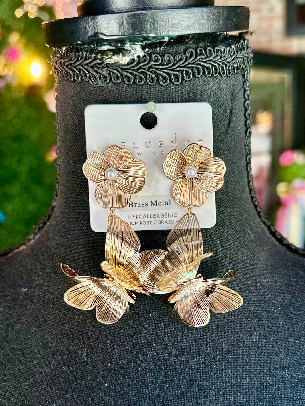 Gold Flower & Butterfly Drop Earrings
