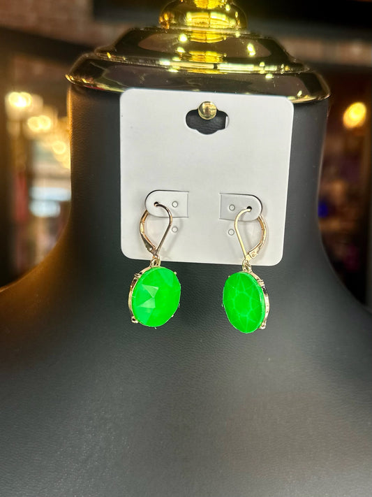 Neon Green Round Glass Stone Dangles
