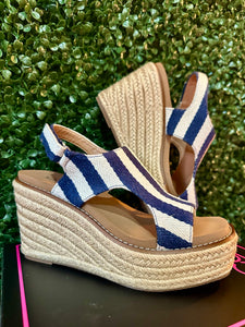 Corkys Navy Striped Wedges