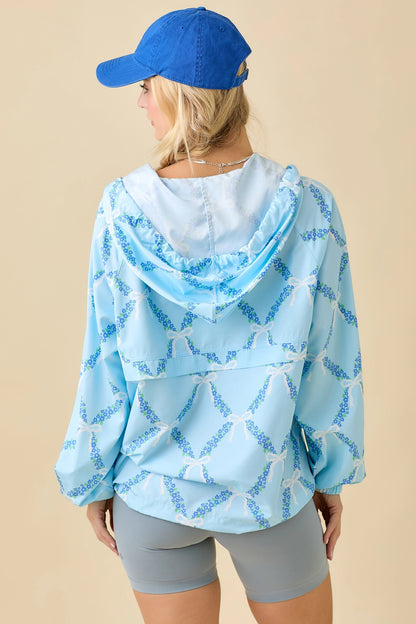 Blue Coquette Ribbon & Floral Print Windbreaker