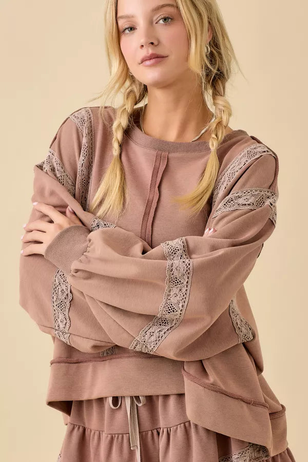 Brown Lace Trim Top & Skort Set