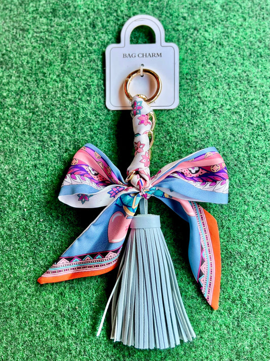 Floral & Heart Printed Scarf Bow & Tassel Bag Charm