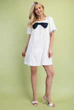 Load image into Gallery viewer, Navy Bow Off White Puff Sleeve Mini Dress
