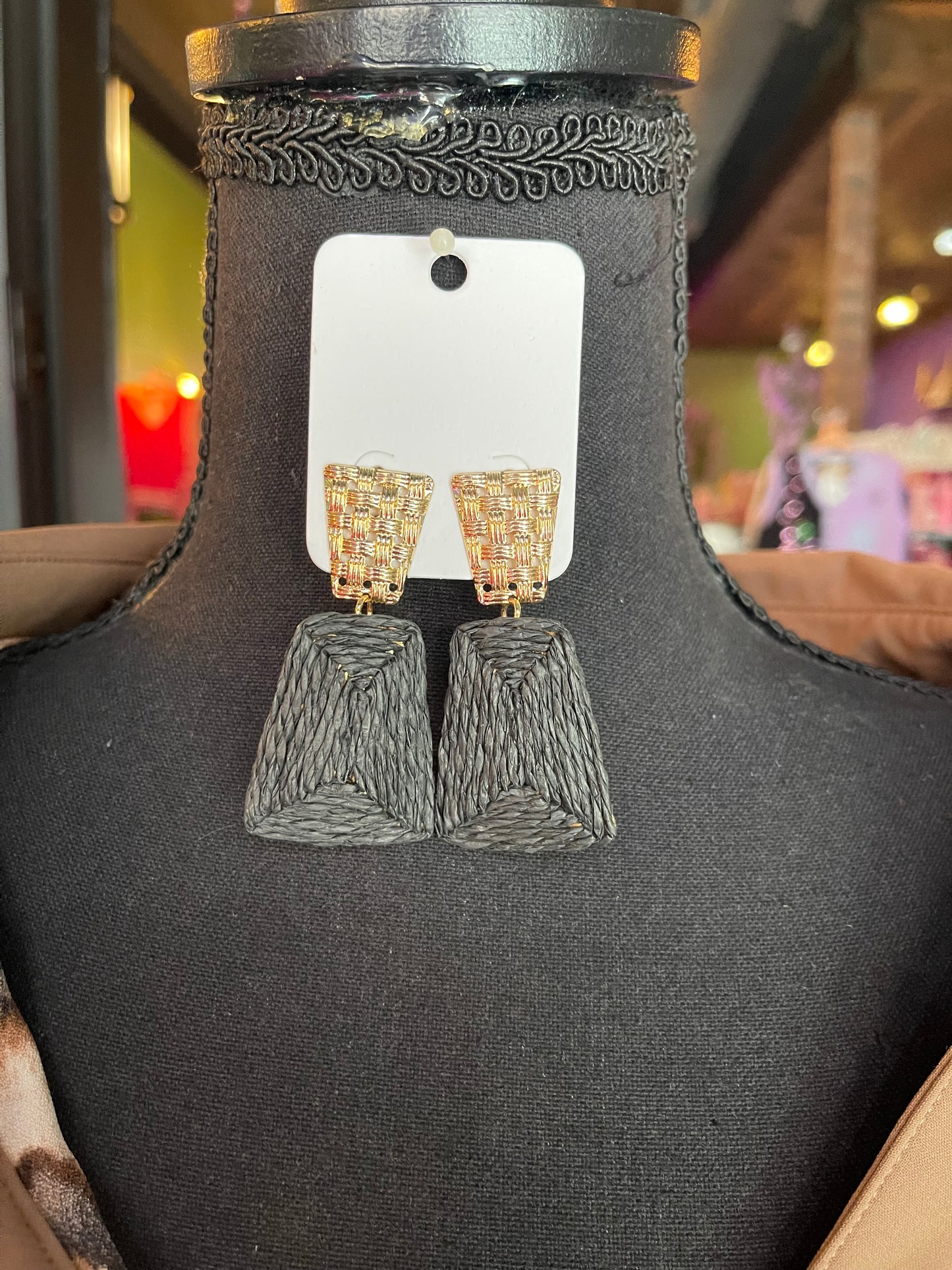 Black & Gold Raffia Drop Earrings