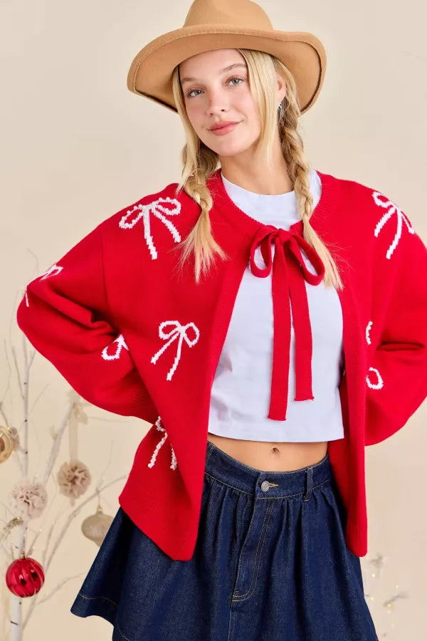 Red & White Pearl Bow Cardigan
