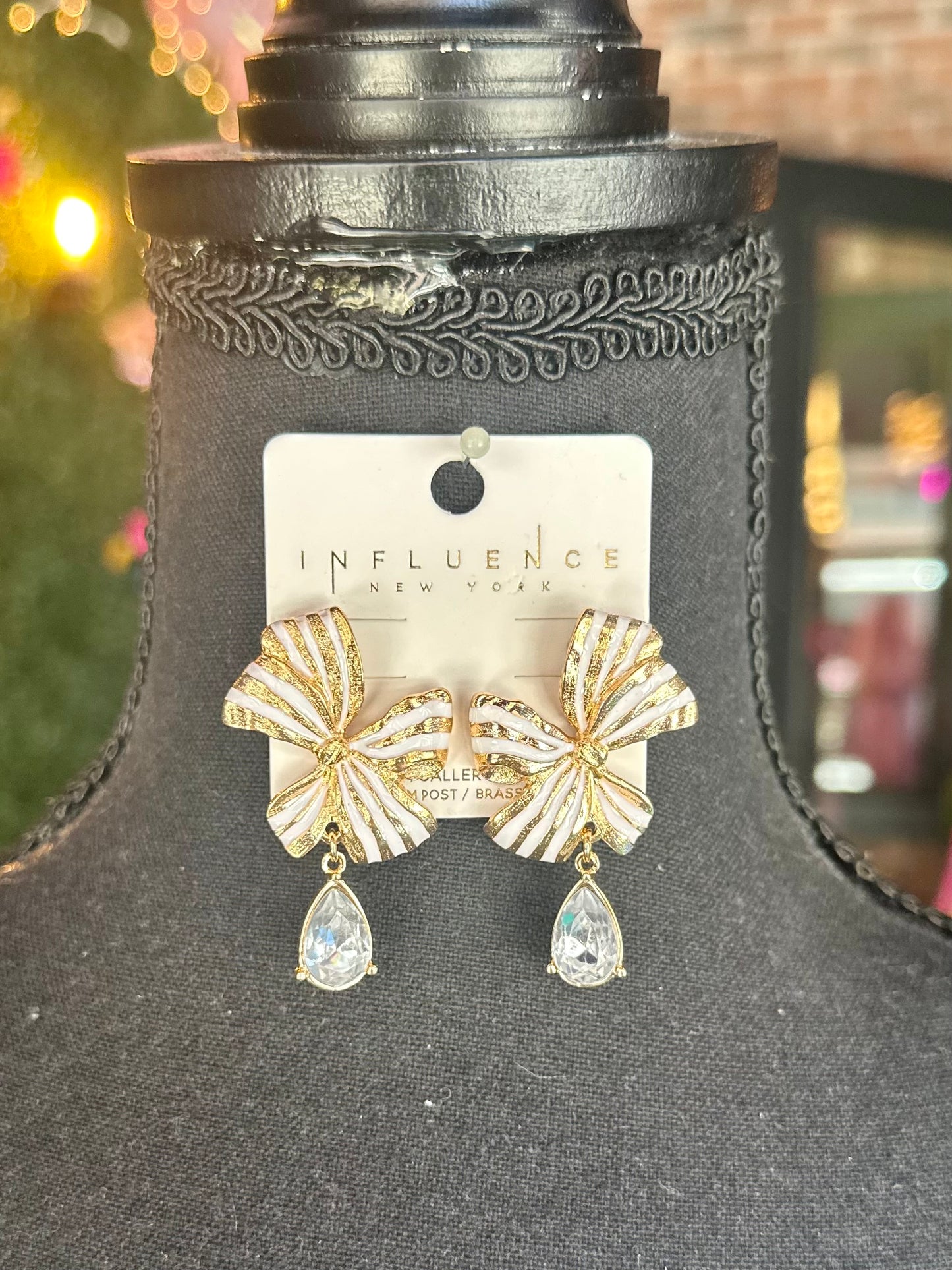 Gold Striped Bow & Jewel Dangle