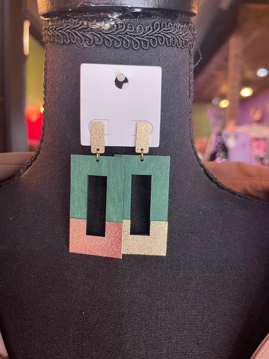 Green Wooden Earrings with Gold Accents